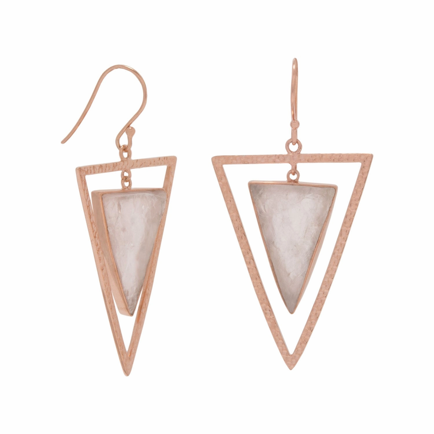 Beautiful finish Vintage Creation Triangle Rose Quartz Earrings Hammered Rose Gold-plated Sterling Silver