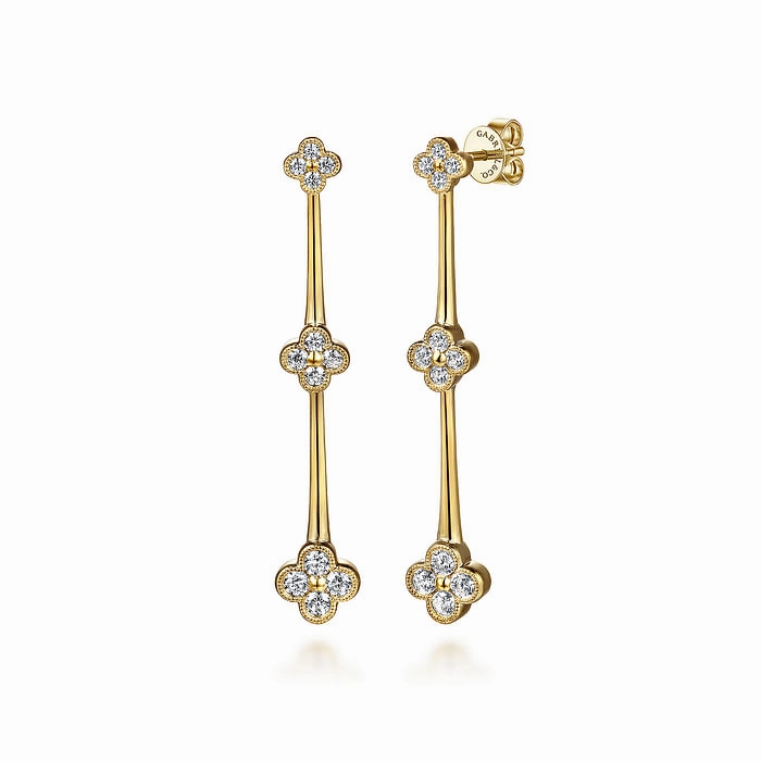 14K Yellow Gold Graduating Diamond Cluster Stud Drop Earrings Classic Outfit Precious Gem