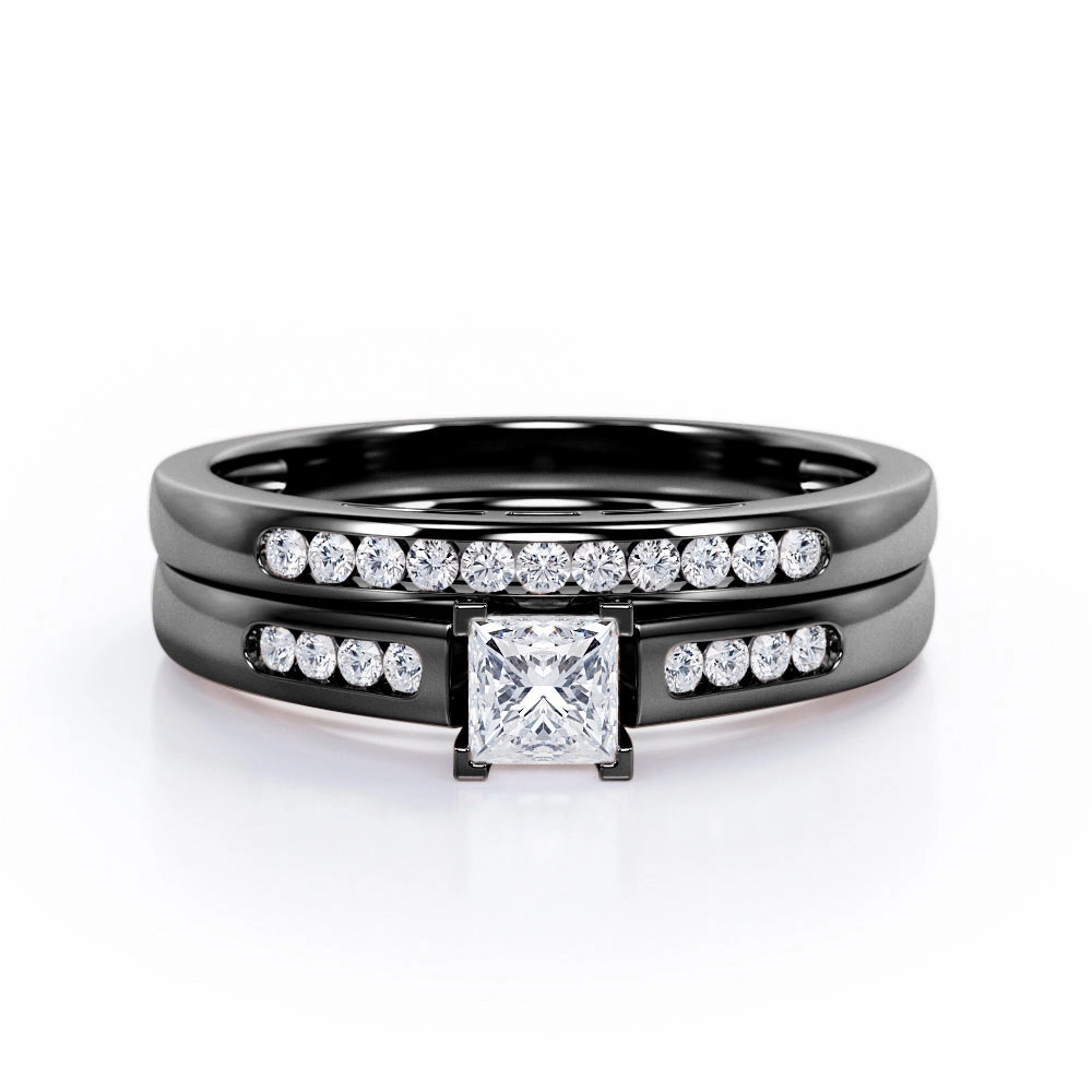 Minimalist 4-Prong Cathedral 0.5 TCW Princess Cut Diamond Flush Pave Bridal Ring Set in 10K White Gold Utilitarian Design