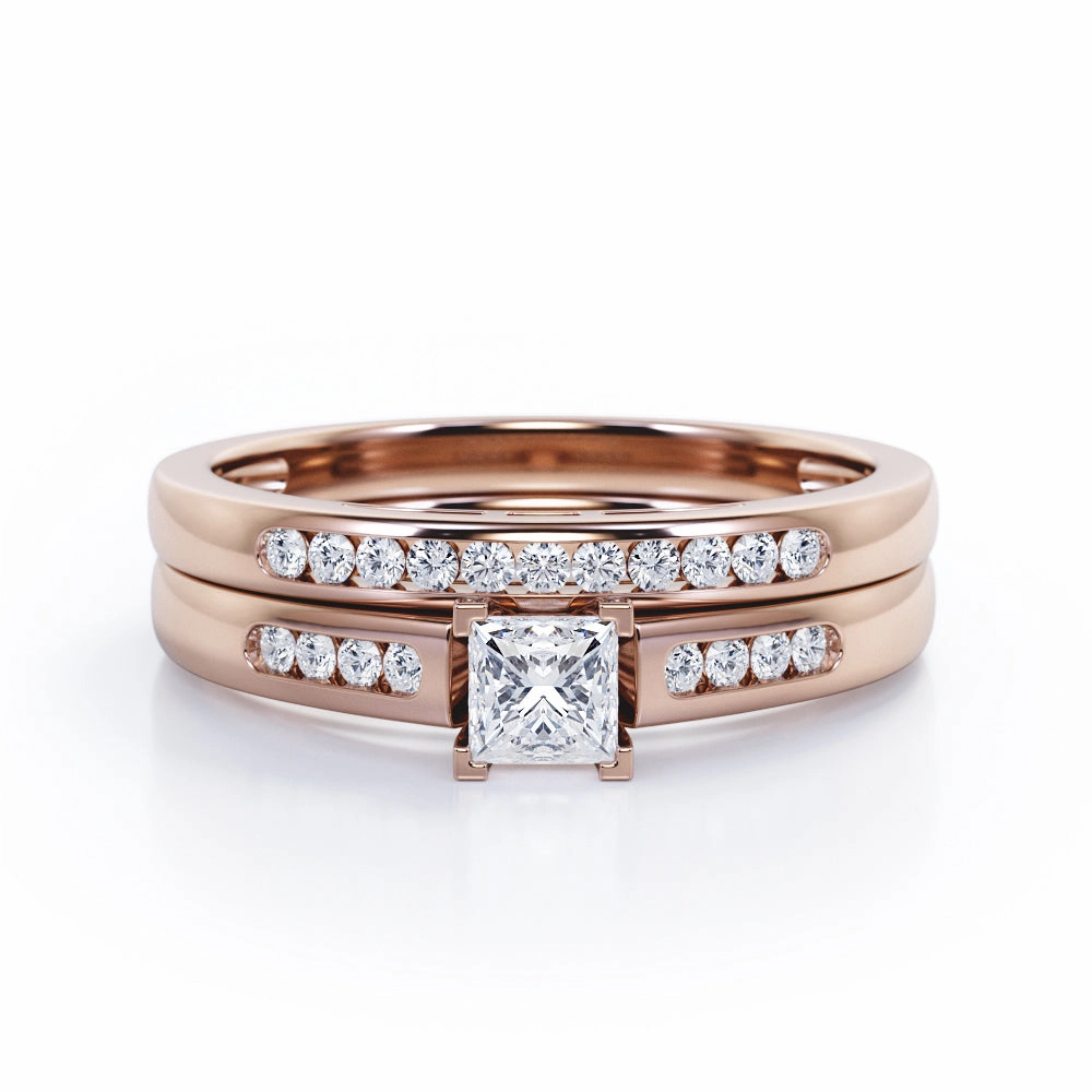 Stylish Article Minimalist 4-Prong Cathedral 0.5 TCW Princess Cut Diamond Flush Pave Bridal Ring Set in 10K White Gold