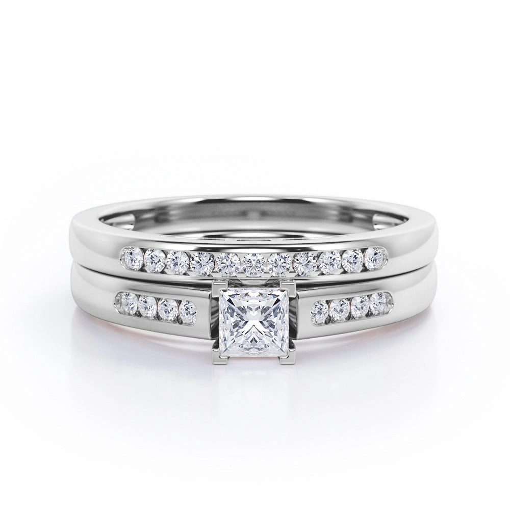 Minimalist 4-Prong Cathedral 0.5 TCW Princess Cut Diamond Flush Pave Bridal Ring Set in 10K White Gold Urban Fit