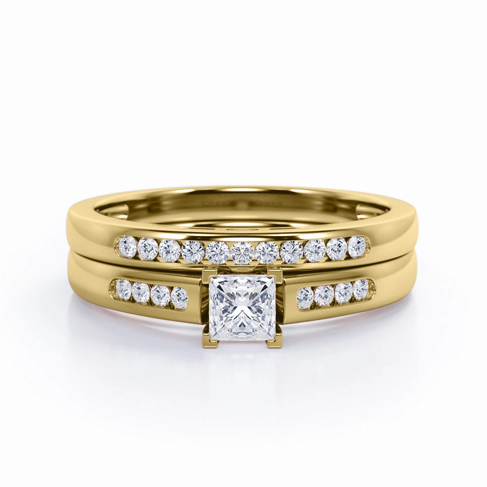 Vintage Appearance Sharp Angle Minimalist 4-Prong Cathedral 0.5 TCW Princess Cut Diamond Flush Pave Bridal Ring Set in 10K White Gold