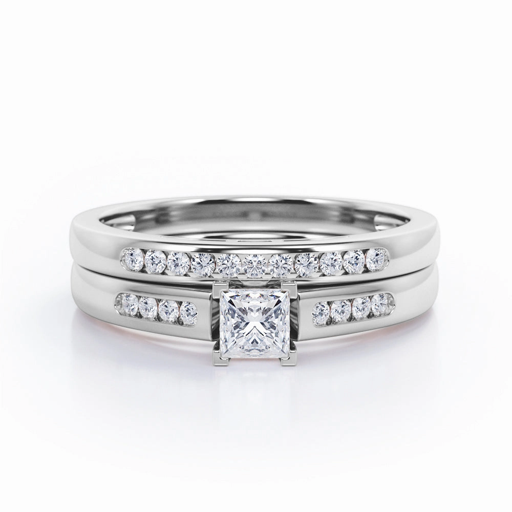 Minimalist 4-Prong Cathedral 0.5 TCW Princess Cut Diamond Flush Pave Bridal Ring Set in 10K White Gold Delicate Craft Classic Product