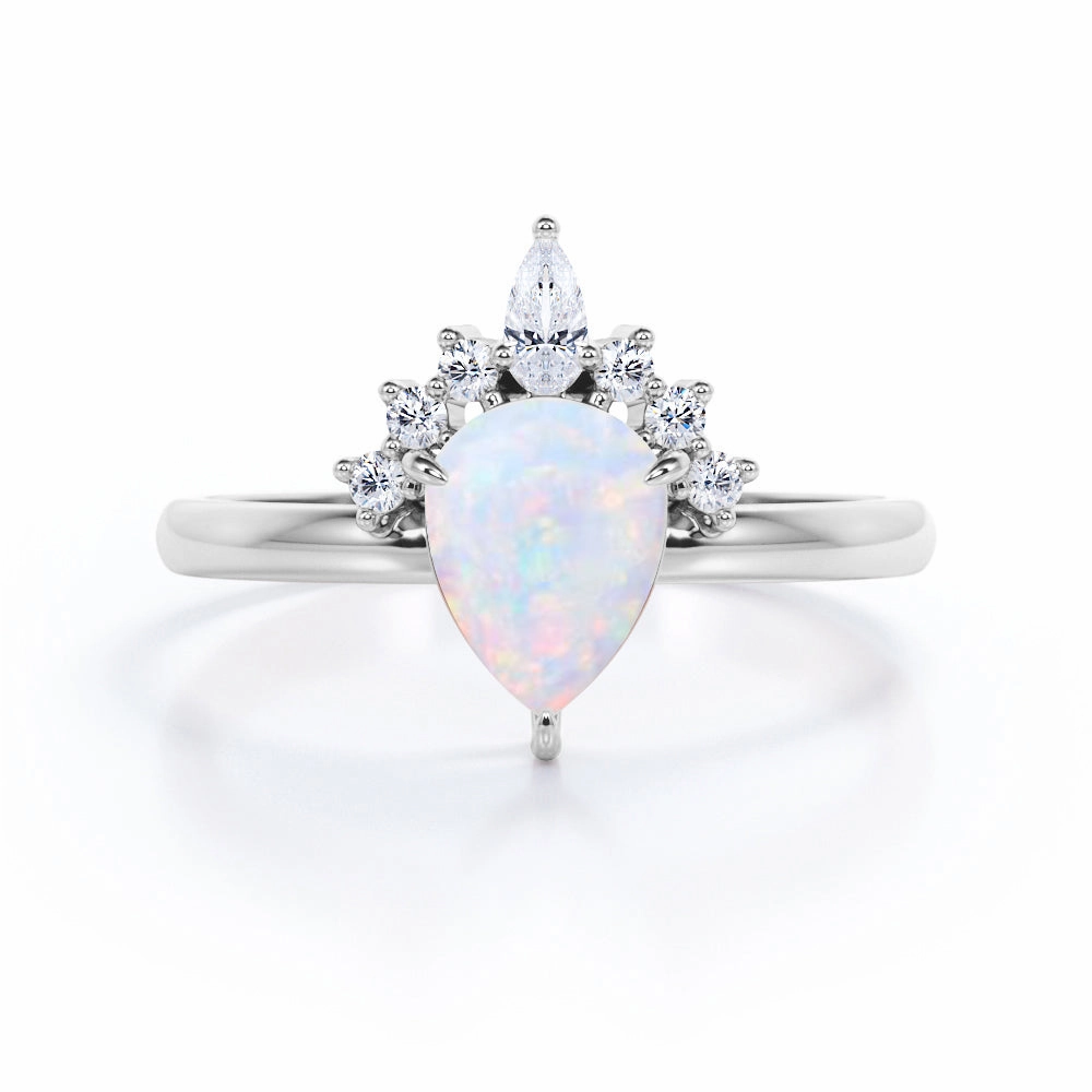Leaf Motif Polished Contour 1.25 Ct Pear Cut Lab Created Opal Tiara Engagement Ring