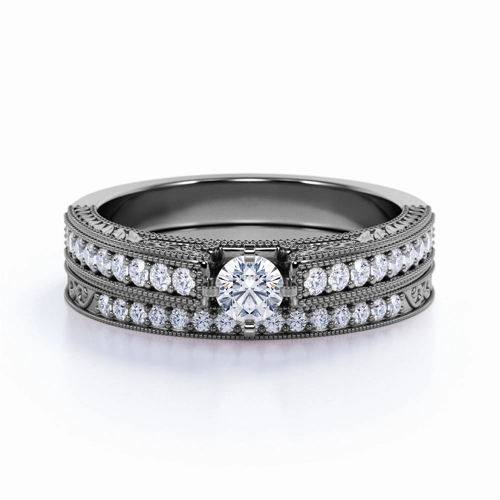 Elegant Emblem Fashion Revolution Beautiful Filigree Pave Set 1.25 ct TDW Round Cut Diamond Wedding Set Rings - Bridal Set Rings - in Black Gold