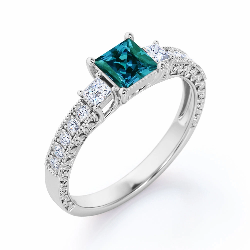 1.40 Ct Princess Lab Alexandrite Three Stone Engagement Ring Classic Keepsake