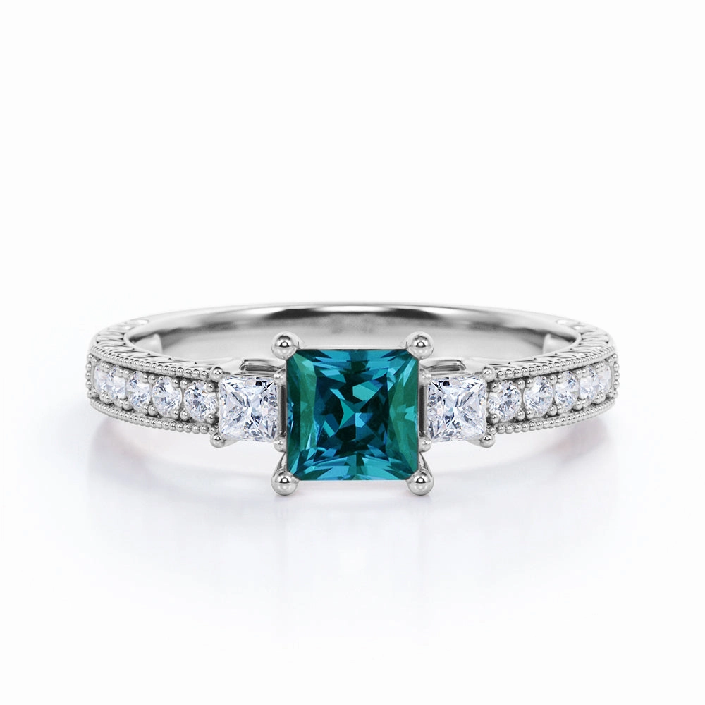 1.40 Ct Princess Lab Alexandrite Three Stone Engagement Ring Lightweight Adornment