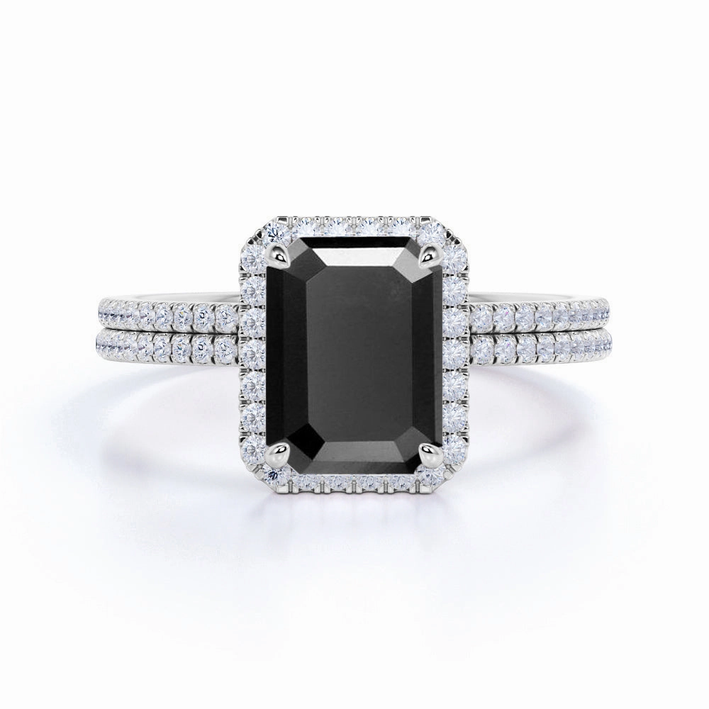 1.75 ct Emerald Lab Black Diamond Halo Wedding Set Modern Accessory