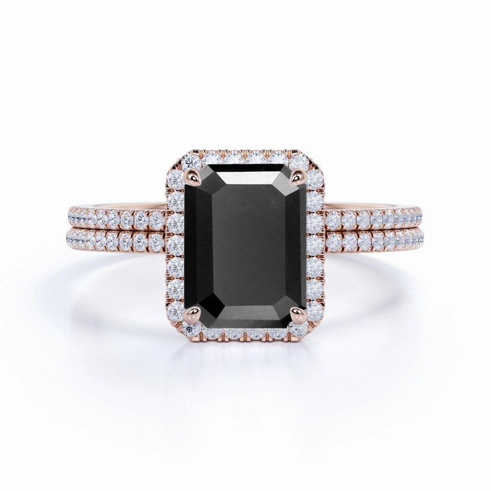 Fashionable Adornment 1.75 ct Emerald Lab Black Diamond Halo Wedding Set