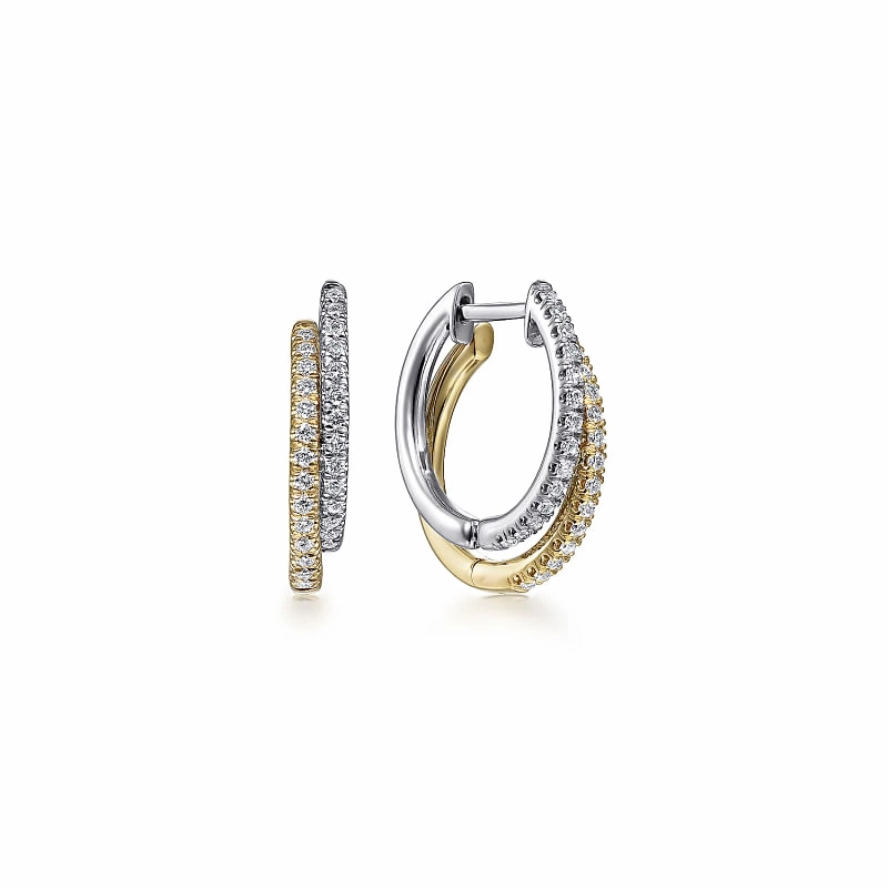 14K Yellow-White Gold Layered 15mm Diamond Huggie Earrings Gift For All Elegant Appeal
