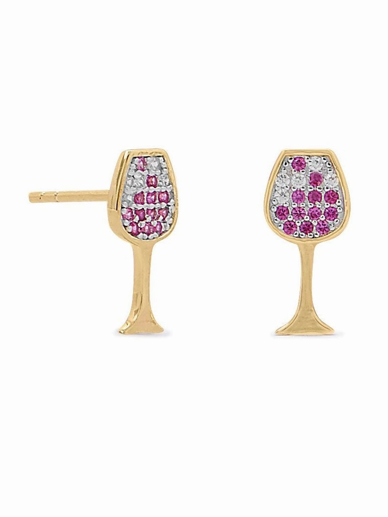 Big Item Wine Glass Stud Earrings Cubic Zirconia CZ Post Gold-plated