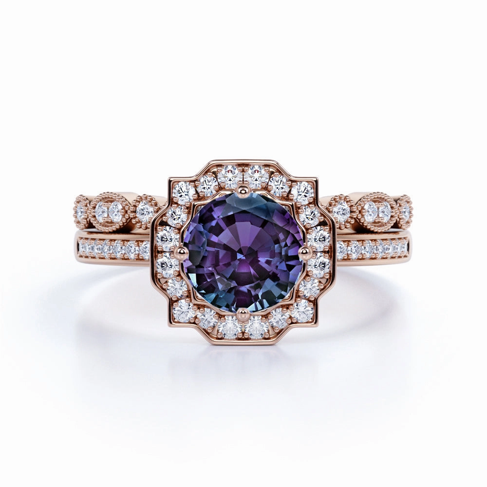 Modern Gift Romantic Accent Cluster 1.75 Ct Round Cut Lab Alexandrite Bridal Set