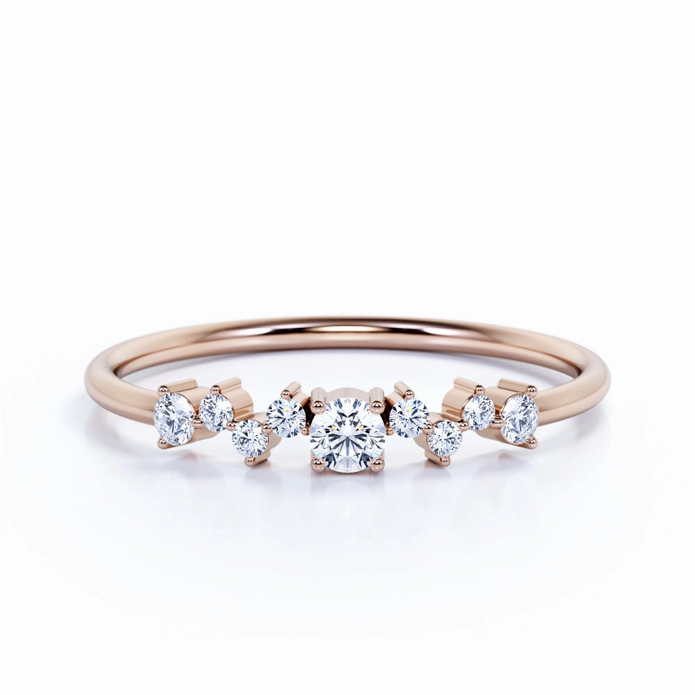 Cluster Round Brilliant Real Diamond Stacking Ring in Solid 10k Rose Gold Utilitarian Design