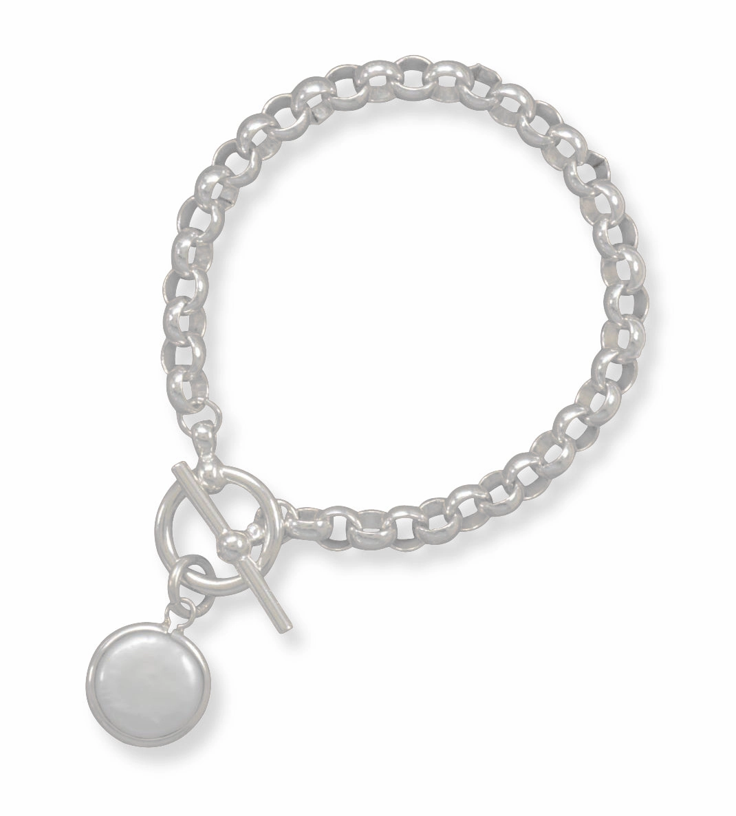 Affordable Luxury Coin Cultured Freshwater Pearl Drop Rolo Sterling Silver Toggle Bracelet - Made in the USA