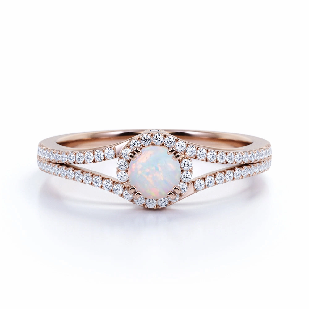 Vintage .83 ct Round Blue Fire Opal and Moissanite Birthstone Promise Ring in 18K Rose Gold over Silver Economical Art Eternal Ornament