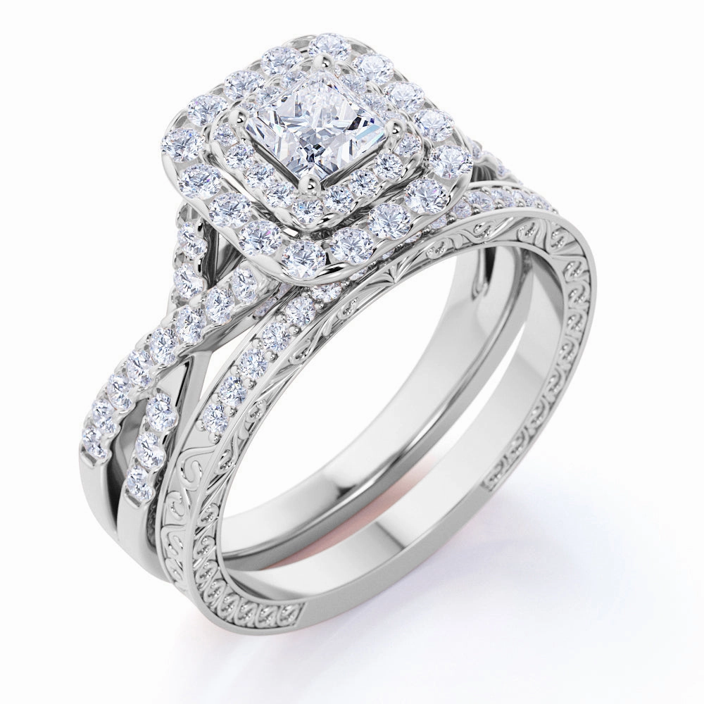 Double Halo 1.25 ct Square Moissanite Infinity Bridal Set Comfortable Craft