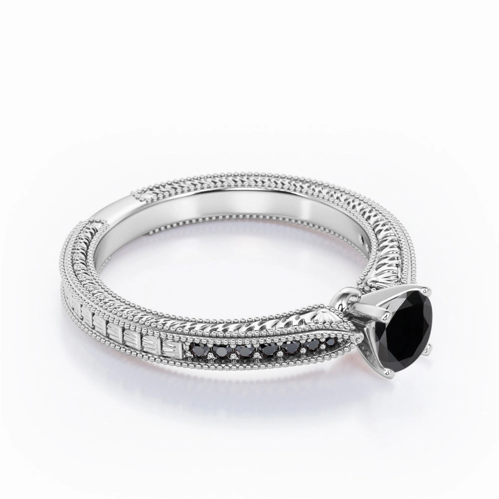 1.25 ct Round Lab Black Diamond Milgrain Engagement Ring Friendship Jewelry