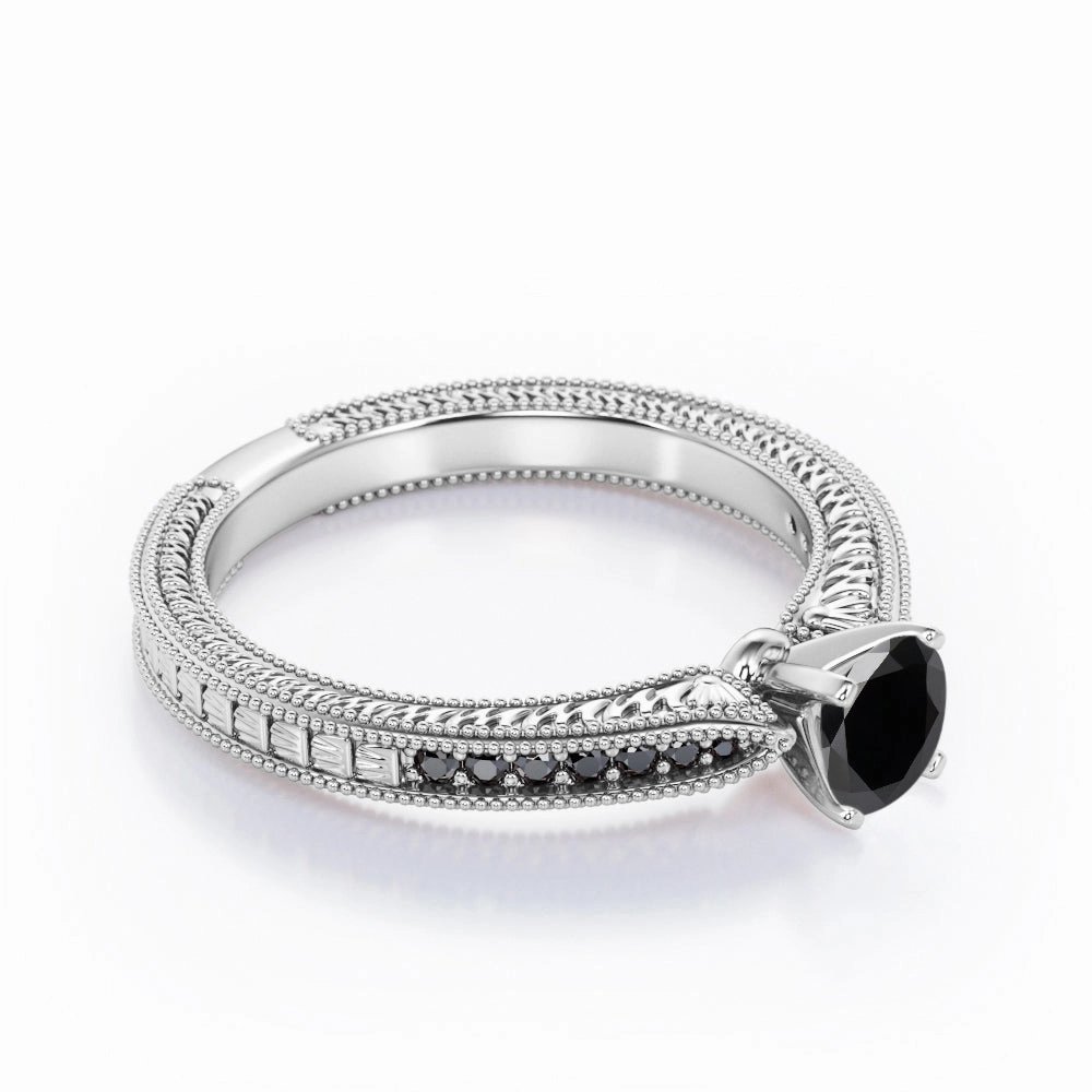 1.25 ct Round Lab Black Diamond Milgrain Engagement Ring Dramatic Detail