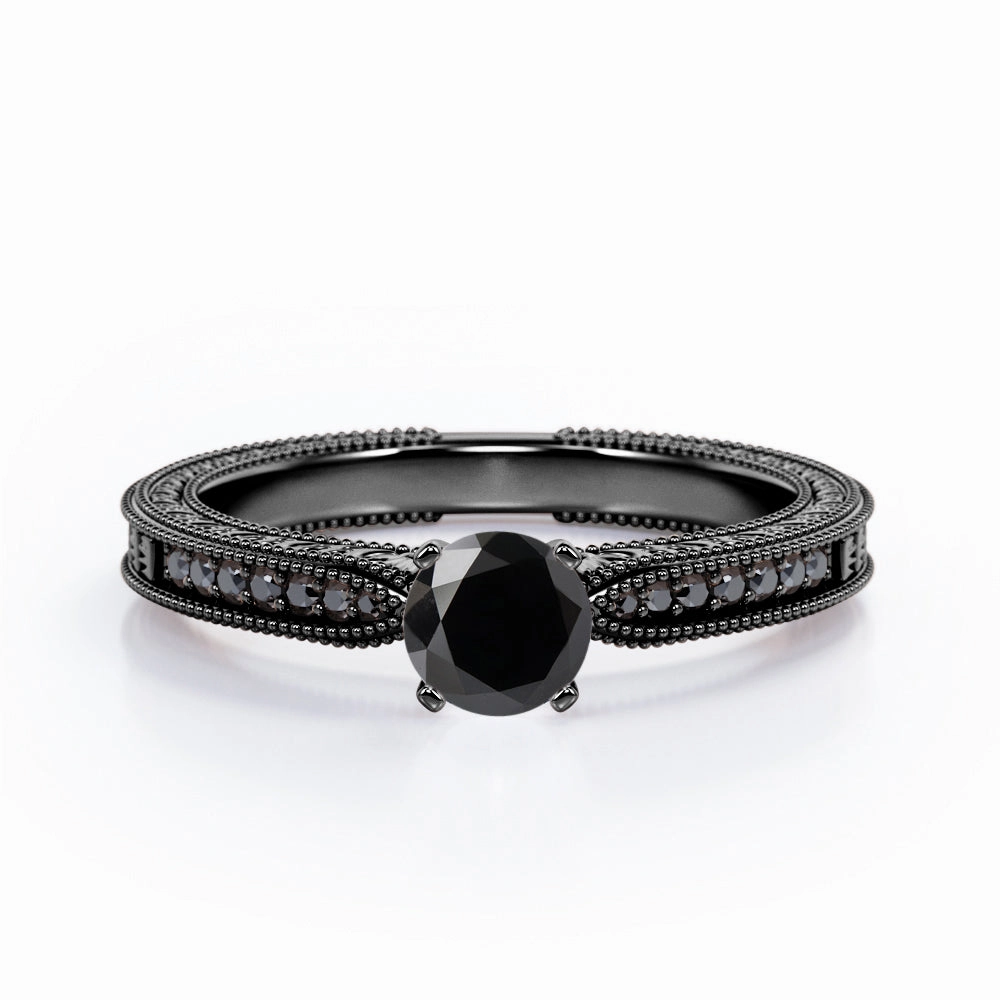 1.25 ct Round Lab Black Diamond Milgrain Engagement Ring Sustainable Material