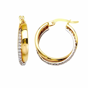 14k Two-tone White and Yellow Gold Hoop Earrings with Cubic Zirconia Abstract Jewelry Gorgeous Essential