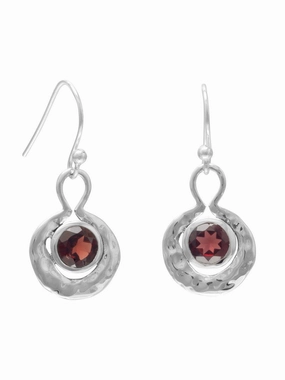 Red Round Garnet Earrings Hammered Sterling Silver Neutral Jewelry Magnificent Embellishment
