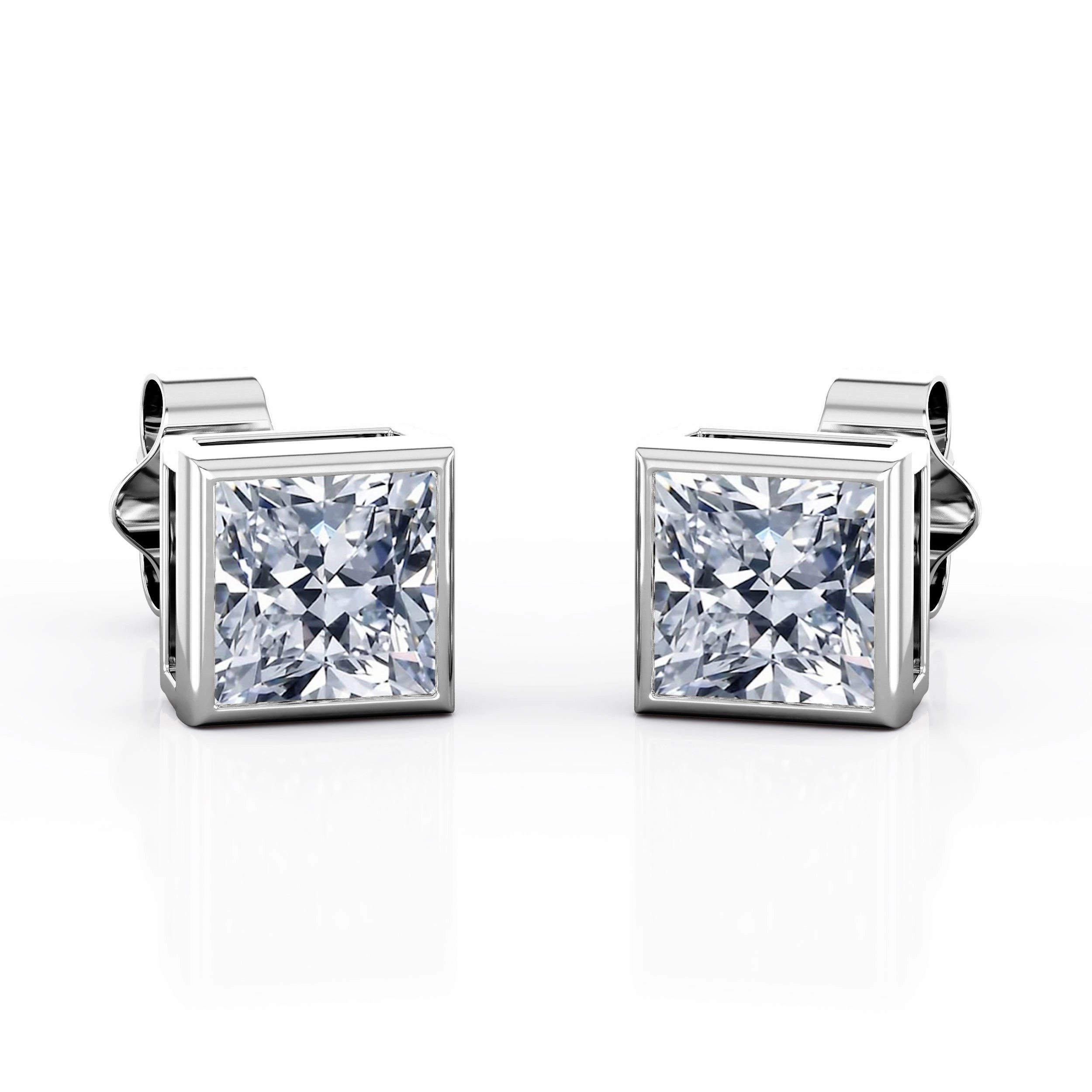 Brilliant Selection Dainty Solitaire 0.75 CT TDW Princess Cut Natural Diamond Bezel Set Ear Studs in Rose Gold