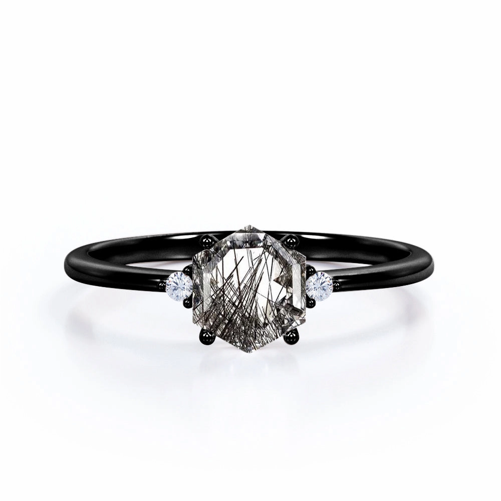 Artisan Piece Layering Essential 1.05 ct Hexagon Black Rutilated Quartz Three Stone Engagement Ring