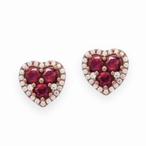 Fashionable Vibe Heart Stud Earrings with Clear and Red Cubic Zirconia Rose Gold-plated