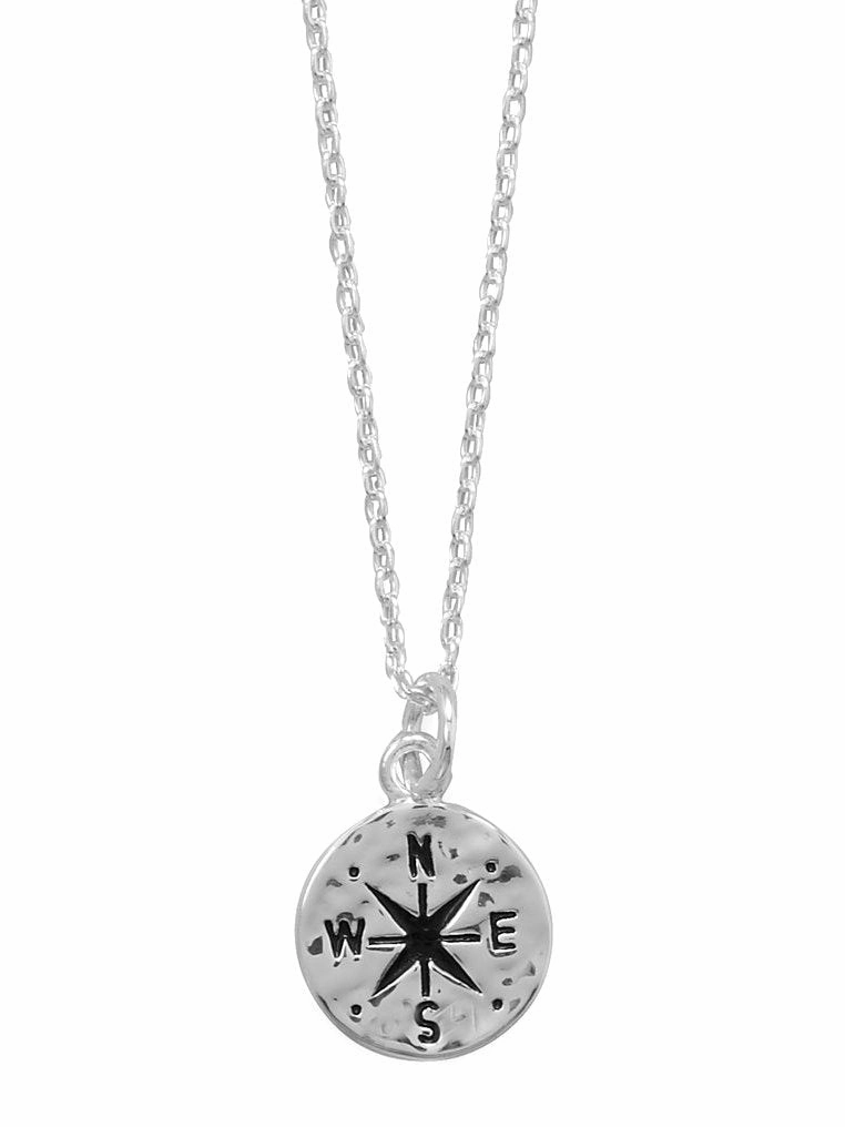 Compass Necklace  with Hammered Finish Adjustable Length Sterling Silver Refined Detail