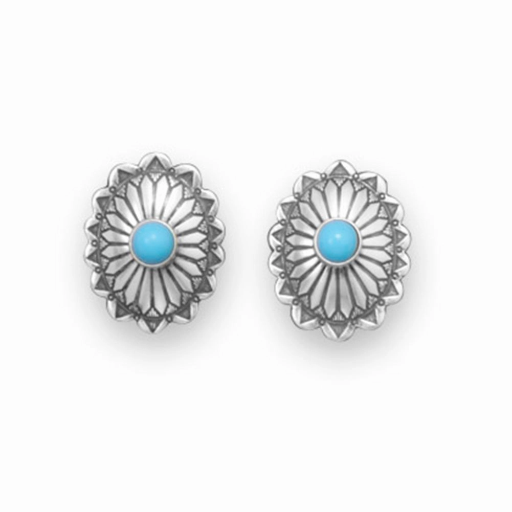 Concho Style Stud Earrings with Stabilized Turquoise Sterling Silver Modern Design Luxurious Look