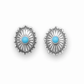Concho Style Stud Earrings with Stabilized Turquoise Sterling Silver Modern Design Luxurious Look