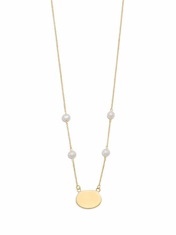 White Cultured Freshwater Pearl Oval Tag Necklace Gold-plated Sterling Silver Vlogger Piece