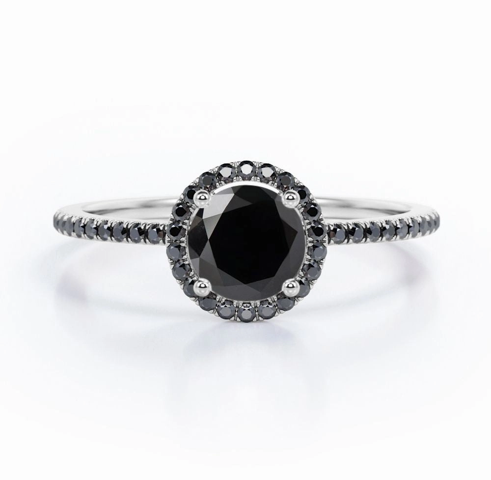 Fashion Trend 1.5 ct Round Lab Black Diamond 4-Prong Halo Engagement Ring