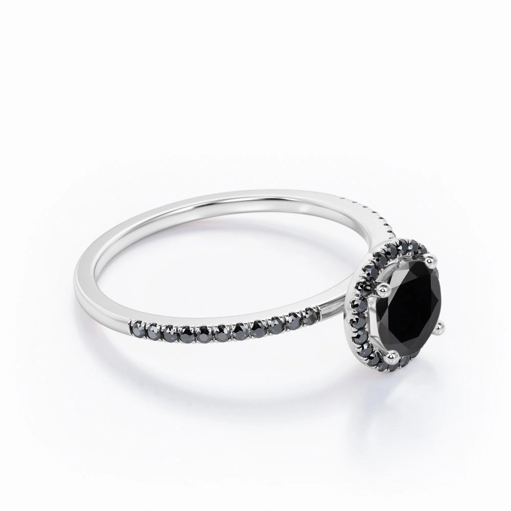gift for kids 1.5 ct Round Lab Black Diamond 4-Prong Halo Engagement Ring
