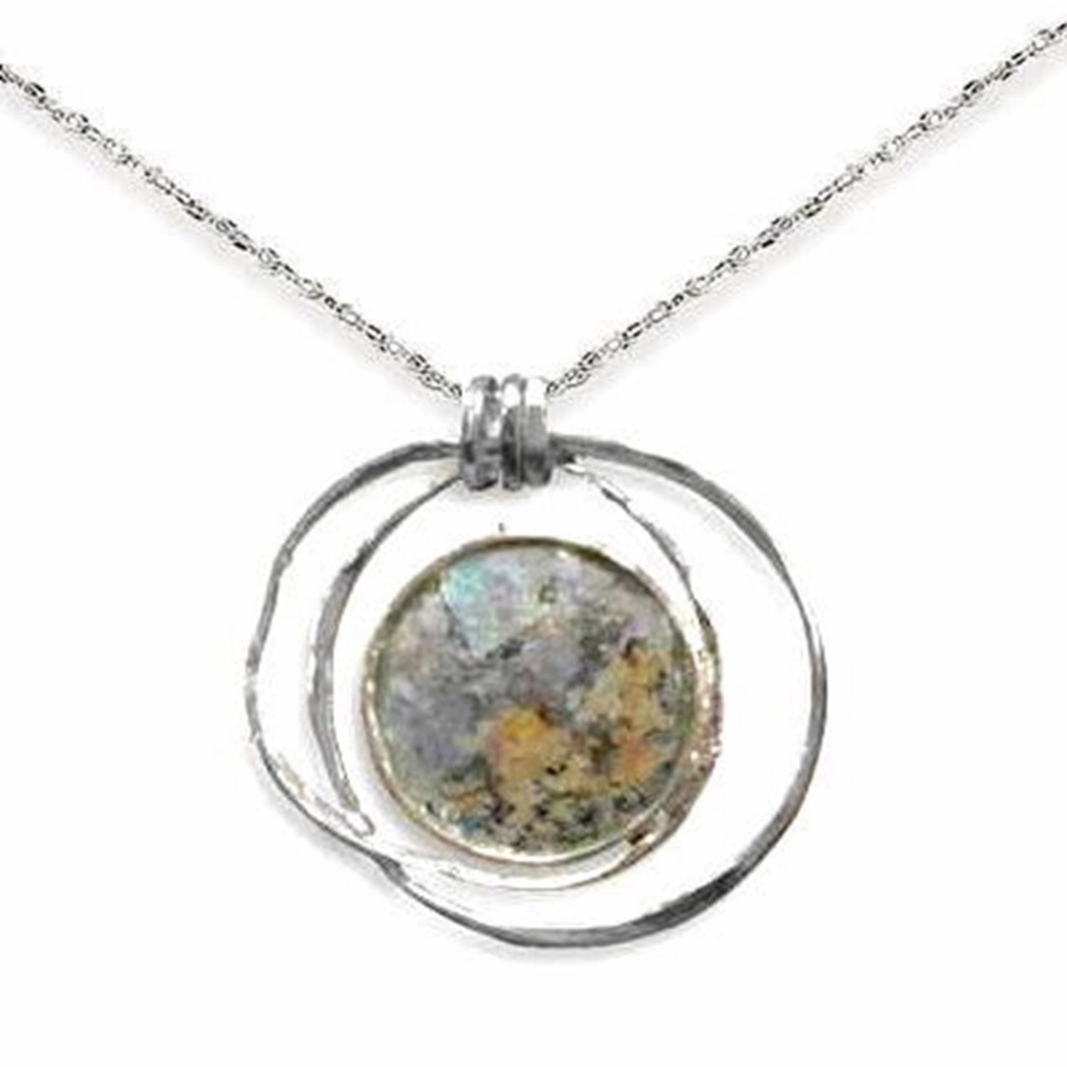 Magnificent Ornament Ancient Roman Glass Hoop Pendant Necklace Textured Sterling Silver, with Chain