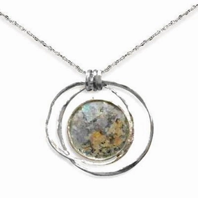 Wonderful Item Ancient Roman Glass Hoop Pendant Necklace Textured Sterling Silver, with Chain
