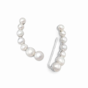 Ear Climber Earrings White Cultured Freshwater Pearls Rhodium on Sterling Silver Glittering Choice