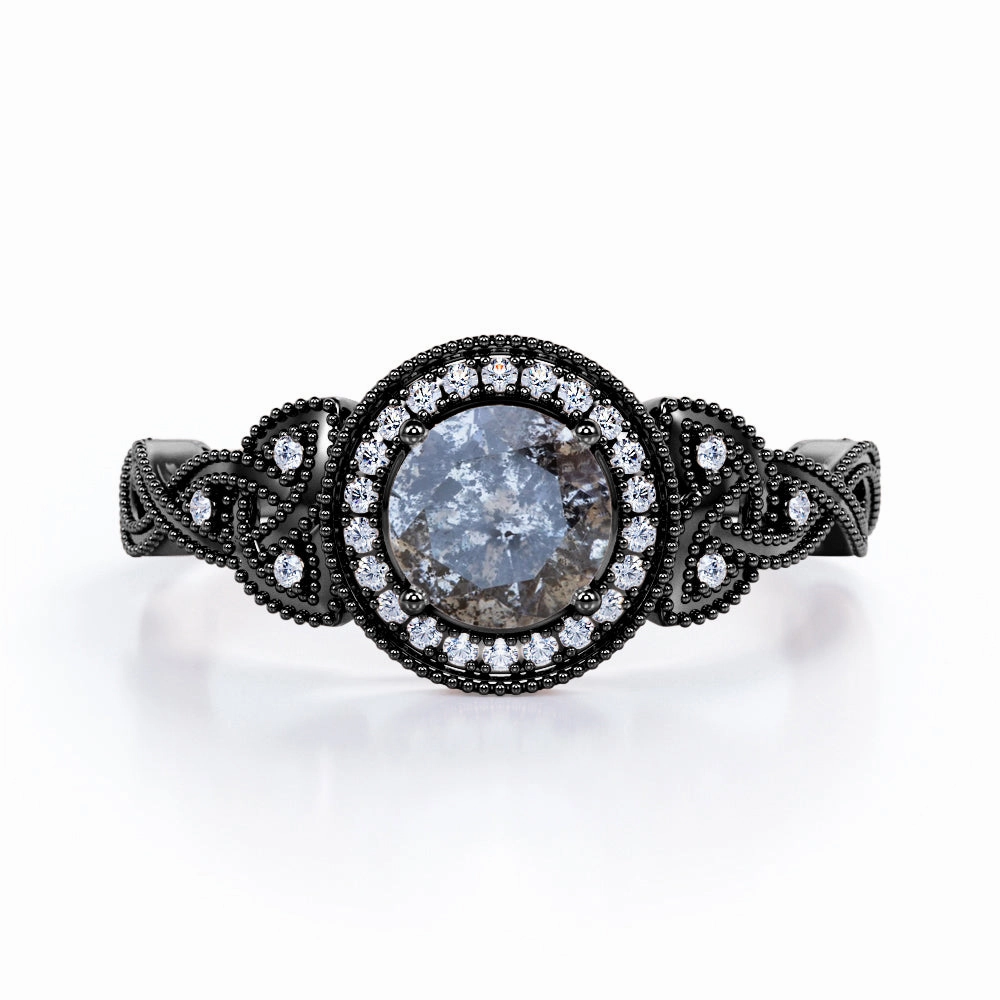 Ornate Bauble Milgrain Halo 0.70 Carat Translucent Salt and Pepper Diamond Twisted Infinity Engagement Ring In White Gold