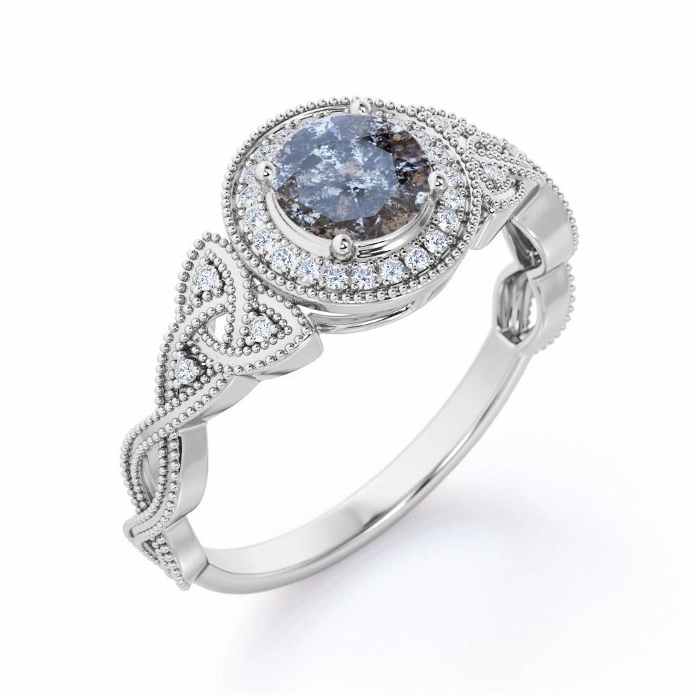 Flirty Accent Gift Under 100 Milgrain Halo 0.70 Carat Translucent Salt and Pepper Diamond Twisted Infinity Engagement Ring In White Gold