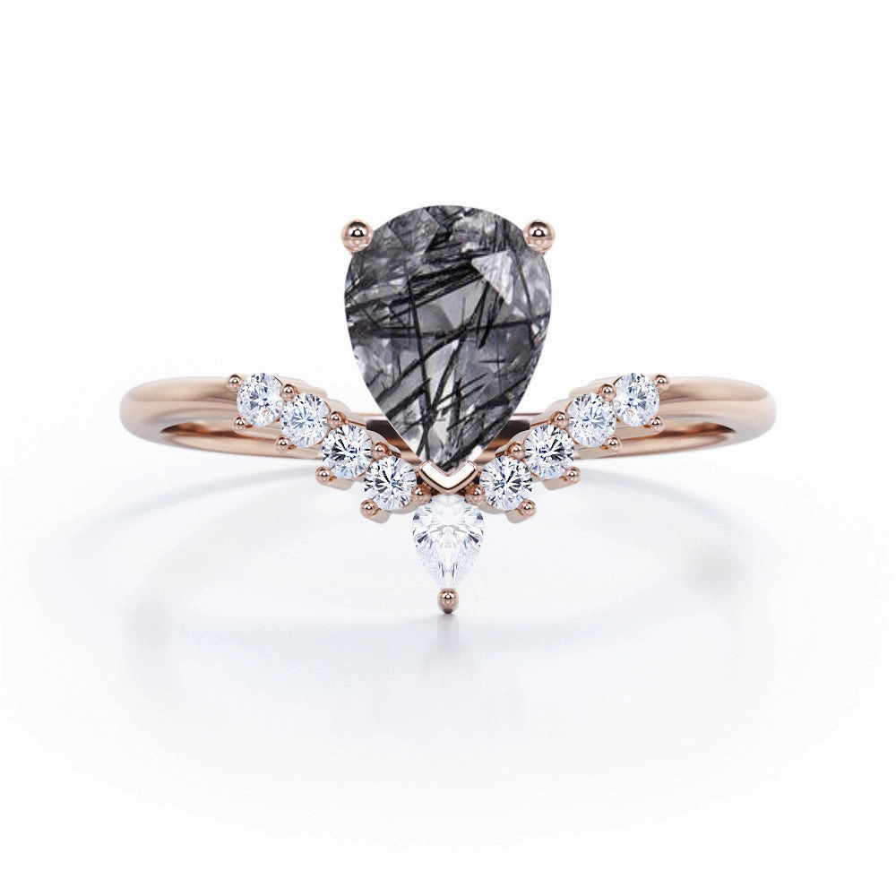Personal Work 1.25 ct Pear Cut Black Rutilated Quartz V Shaped Engagement Ring