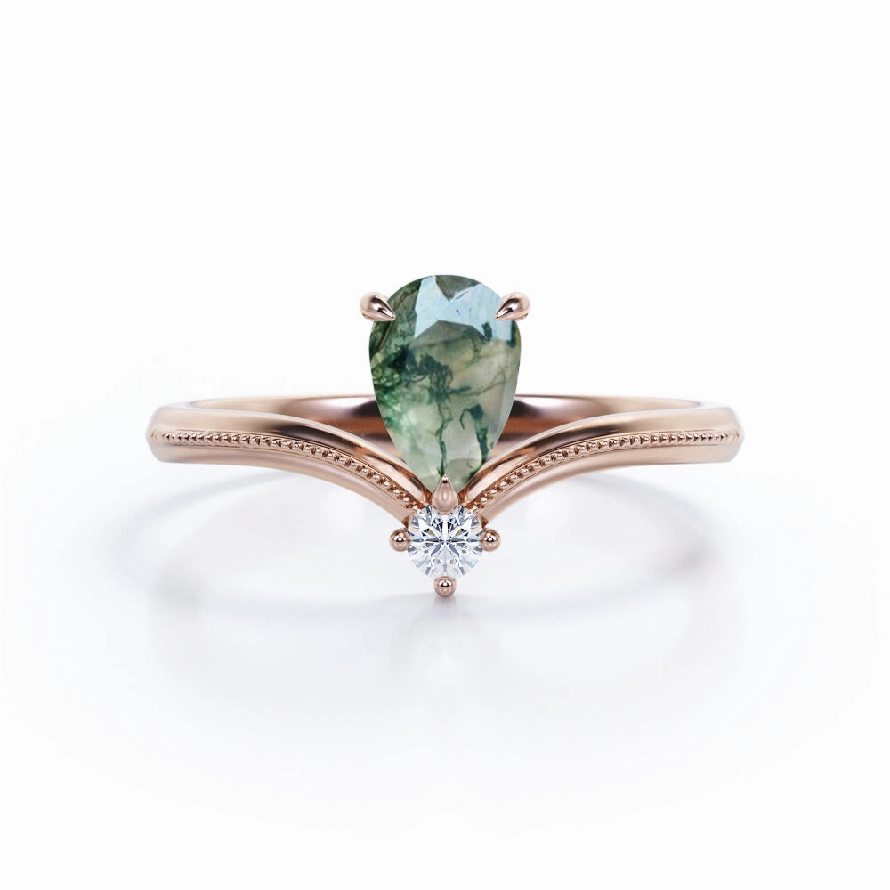 Chevron 0.6 Carat Pear Green Moss Agate Engagement Ring Minimalist Look Brilliant Adornment