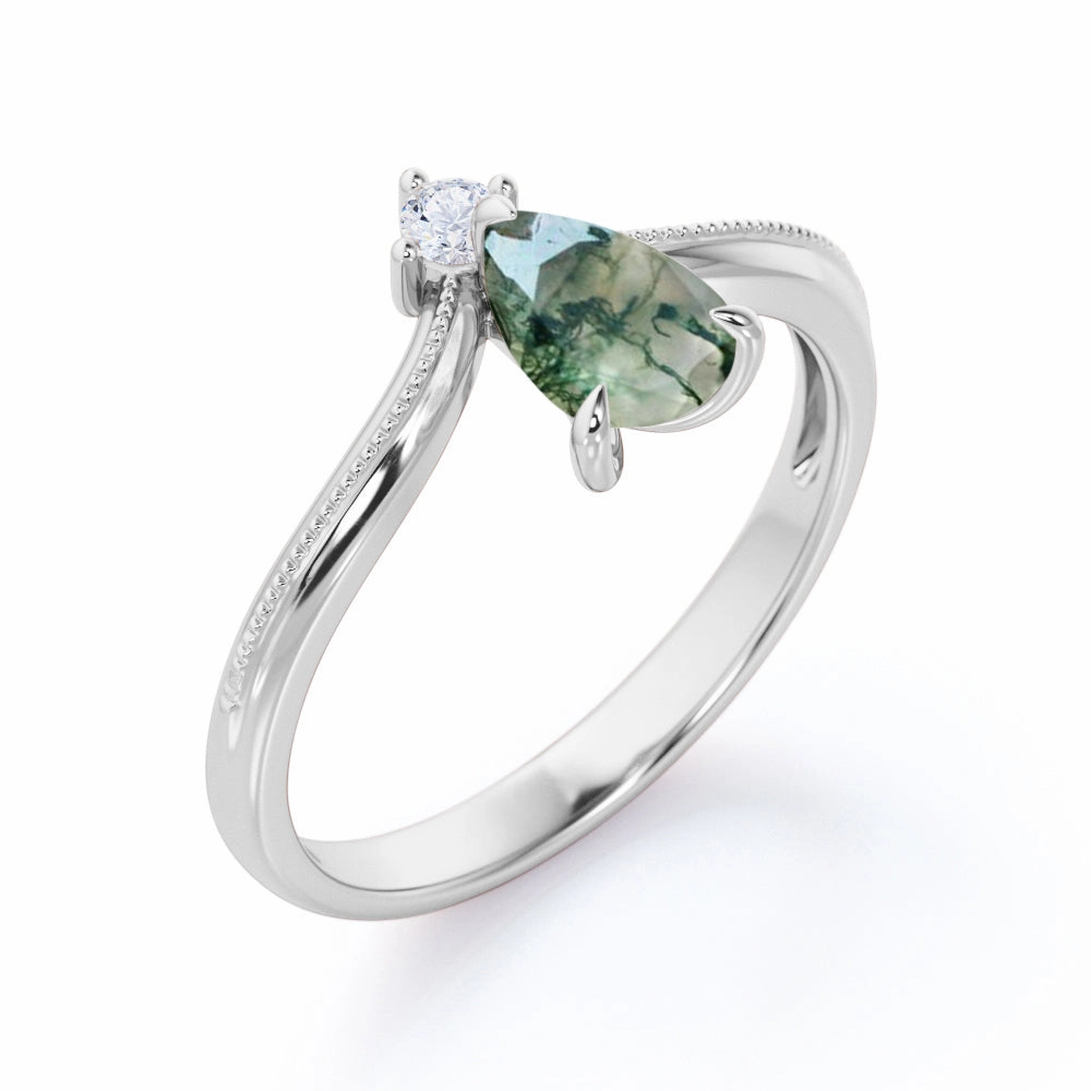 color block Chevron 0.6 Carat Pear Green Moss Agate Engagement Ring