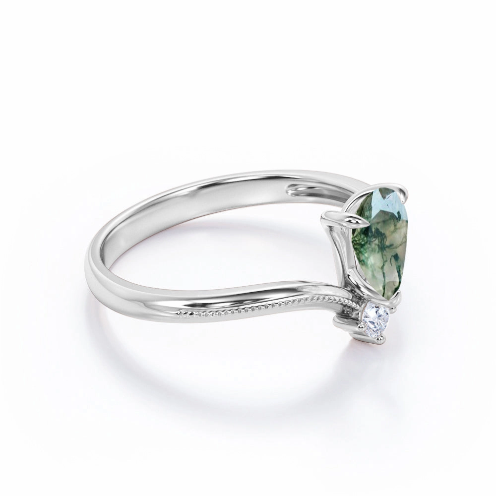 Chevron 0.6 Carat Pear Green Moss Agate Engagement Ring Casual Flow For Everyone