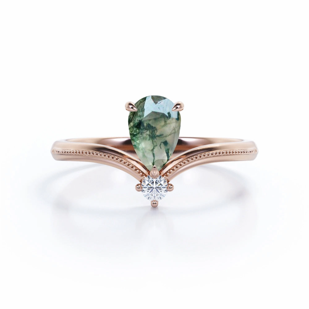 Lovely Design Chevron 0.6 Carat Pear Green Moss Agate Engagement Ring