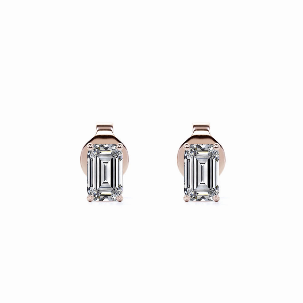 0.20 Carat Emerald Cut Diamond - Minimalist Solitaire Stud Earrings - 18K White Gold Plating Over Silver Modern Selection Brilliant Selection