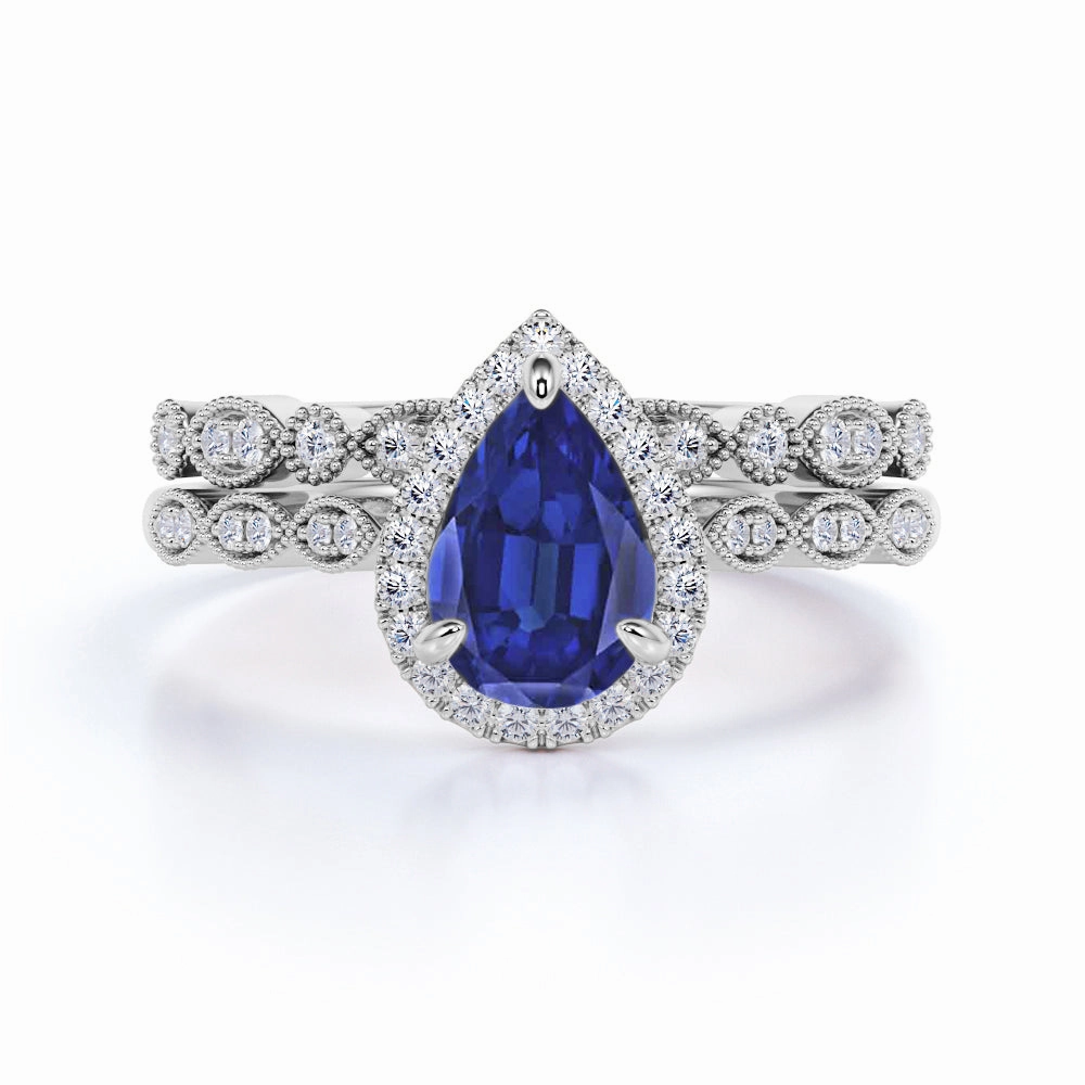 Vintage 1.5 Ct Pear Cut Lab Sapphire Engagement Ring Size Flexible