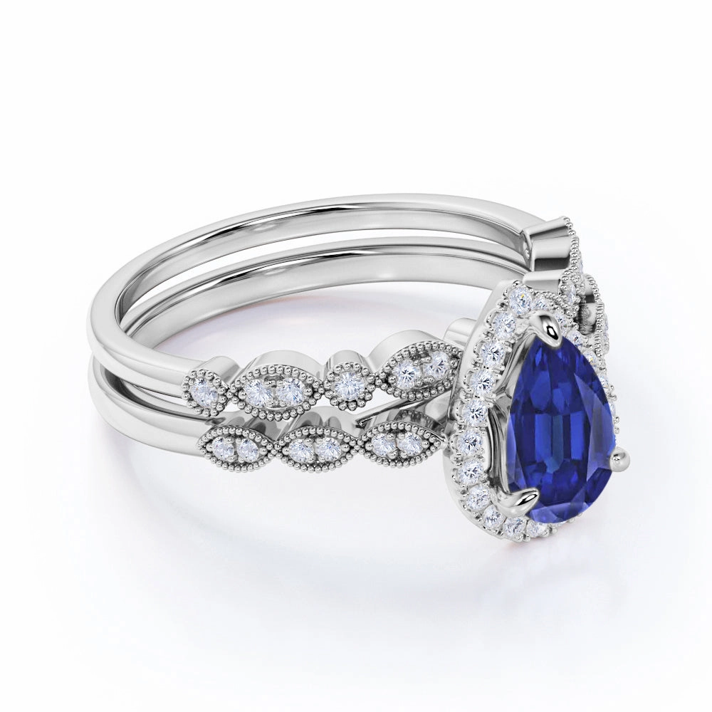 Beautiful Art Vintage 1.5 Ct Pear Cut Lab Sapphire Engagement Ring