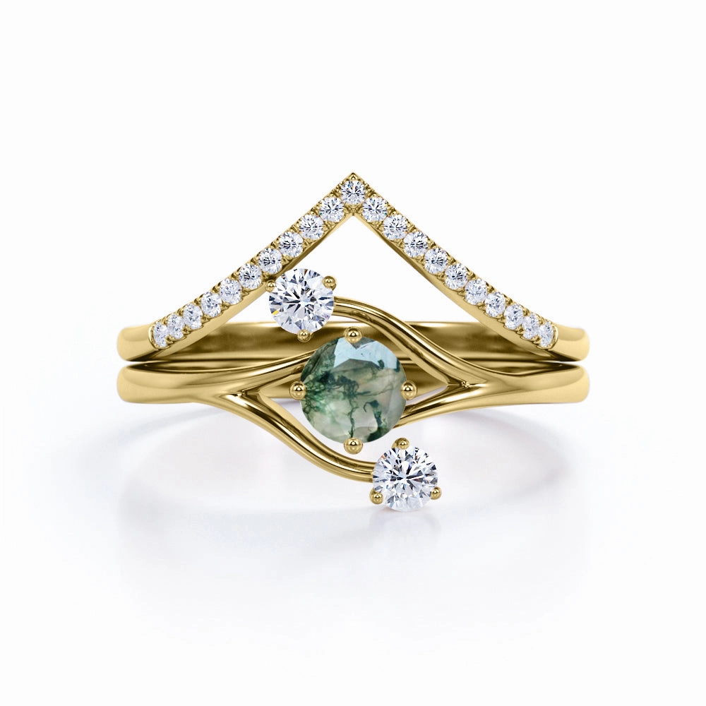 Daily Balance Three Stone Ring Twig-Inspired with 0.7 carat Round Moss Agate and Moissanite Wedding Ring Set in Rose Gold