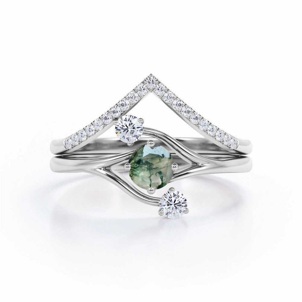 Premium Symbol Contemporary Art Three Stone Ring Twig-Inspired with 0.7 carat Round Moss Agate and Moissanite Wedding Ring Set in Rose Gold