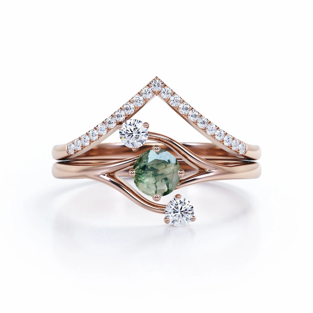Durable Article Three Stone Ring Twig-Inspired with 0.7 carat Round Moss Agate and Moissanite Wedding Ring Set in Rose Gold